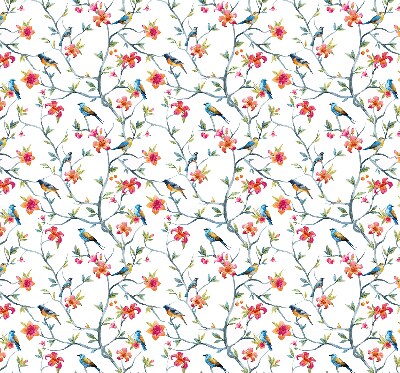 Fabric roller blind for window with bird on a branch design