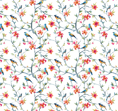 Fabric roller blind for window with bird on a branch design