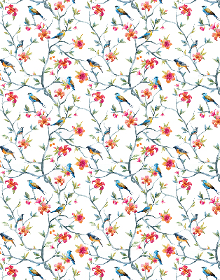 Fabric roller blind for window with bird on a branch design