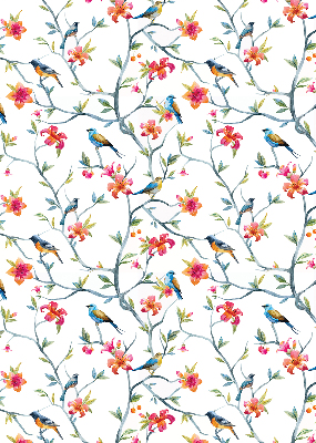 Fabric roller blind for window with bird on a branch design