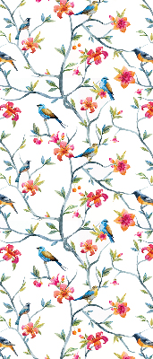 Fabric roller blind for window with bird on a branch design