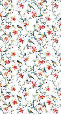 Fabric roller blind for window with bird on a branch design