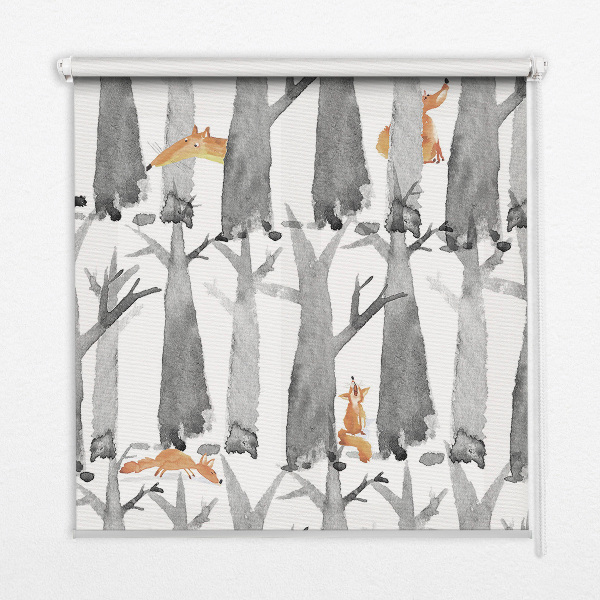 Fabric roller blind for window Gray trees red foxes