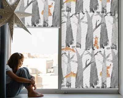 Fabric roller blind for window Gray trees red foxes