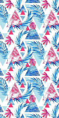 Fabric roller blind for window with blue leaves and triangles pattern