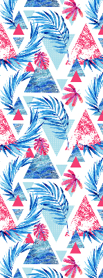 Fabric roller blind for window with blue leaves and triangles pattern