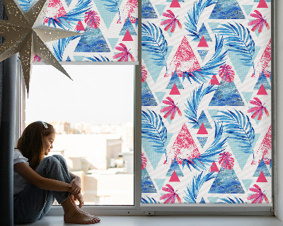 Fabric roller blind for window Blue leaves and triangles