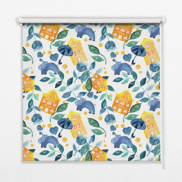 Fabric roller blind for window Yellow houses blue plants
