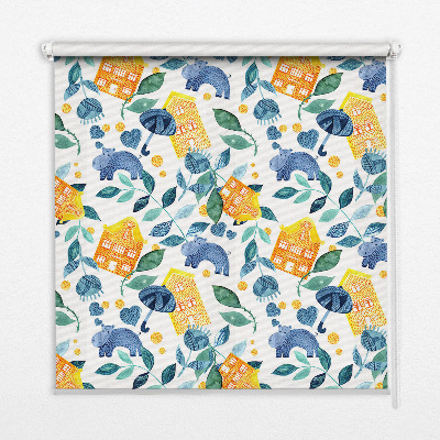 Fabric roller blind for window Yellow houses blue plants