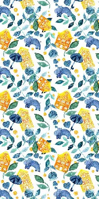 Fabric roller blind for window yellow houses and blue plants design
