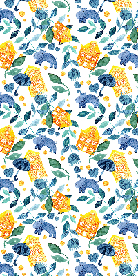 Fabric roller blind for window Yellow houses blue plants