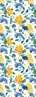 Fabric roller blind for window yellow houses and blue plants design
