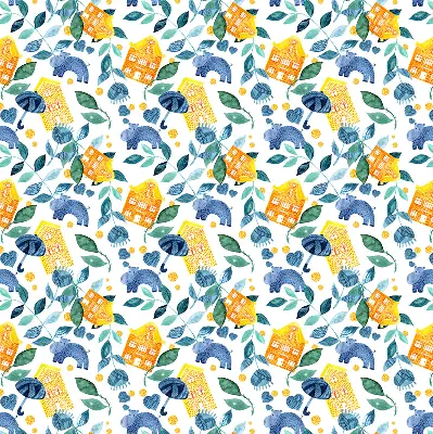 Fabric roller blind for window yellow houses and blue plants design