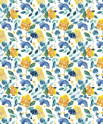 Fabric roller blind for window yellow houses and blue plants design