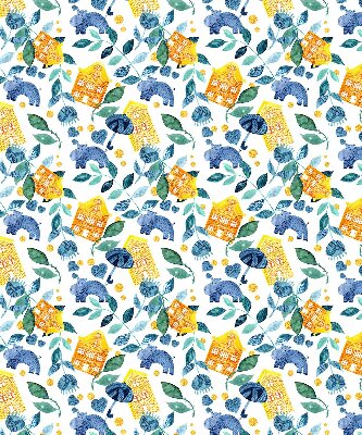 Fabric roller blind for window Yellow houses blue plants