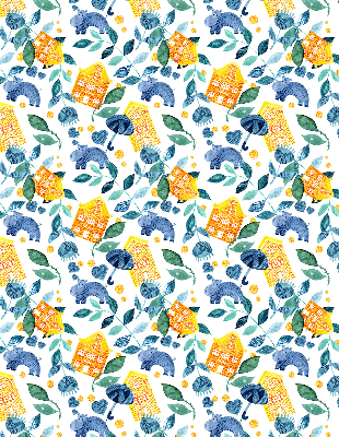 Fabric roller blind for window Yellow houses blue plants