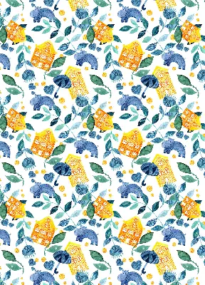 Fabric roller blind for window yellow houses and blue plants design