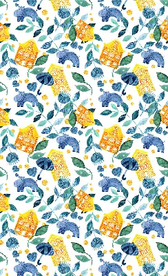 Fabric roller blind for window yellow houses and blue plants design