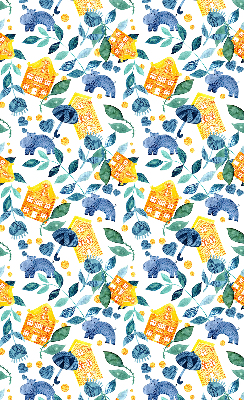 Fabric roller blind for window Yellow houses blue plants