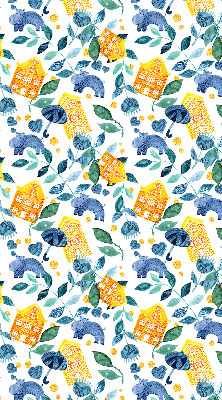 Fabric roller blind for window Yellow houses blue plants