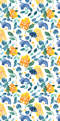 Fabric roller blind for window Yellow houses blue plants