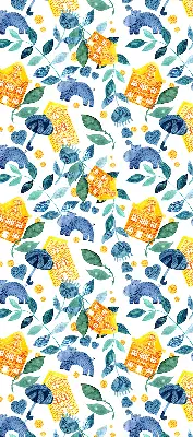 Fabric roller blind for window yellow houses and blue plants design