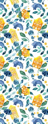 Fabric roller blind for window yellow houses and blue plants design