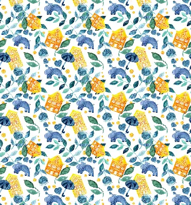 Fabric roller blind for window yellow houses and blue plants design