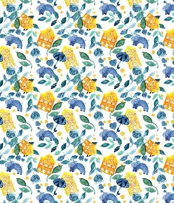Fabric roller blind for window yellow houses and blue plants design