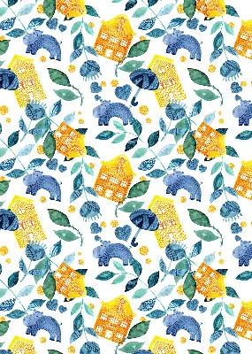 Fabric roller blind for window yellow houses and blue plants design