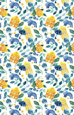 Fabric roller blind for window yellow houses and blue plants design