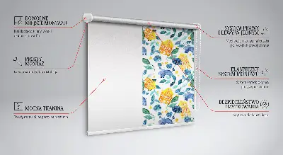 Fabric roller blind for window yellow houses and blue plants design