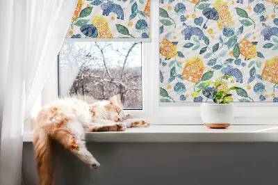 Fabric roller blind for window yellow houses and blue plants design