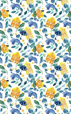 Fabric roller blind for window Yellow houses blue plants