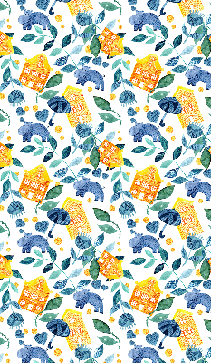 Fabric roller blind for window Yellow houses blue plants