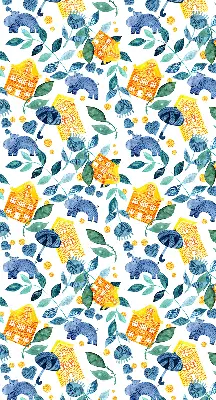 Fabric roller blind for window yellow houses and blue plants design