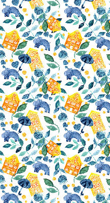 Fabric roller blind for window Yellow houses blue plants