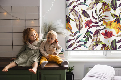 Fabric roller blind for window with a colorful flowers print
