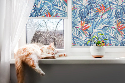 Fabric roller blind for window Blue leaves