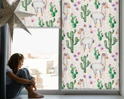 Blackout roller blind for window with llamas and cacti pattern