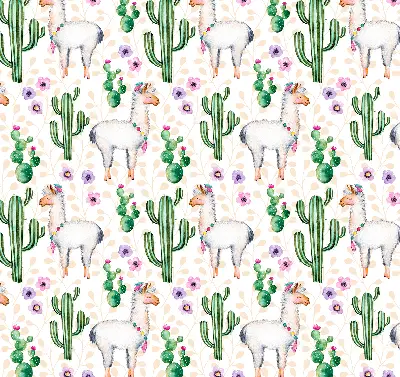 Blackout roller blind for window with llamas and cacti pattern