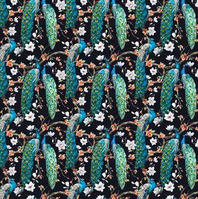 Blackout roller blind peacock with flowers pattern