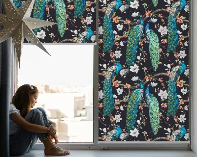 Blackout roller blind peacock with flowers pattern