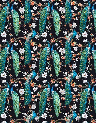Blackout roller blind peacock with flowers pattern