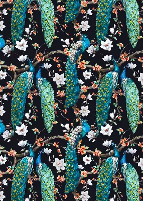 Blackout roller blind peacock with flowers pattern