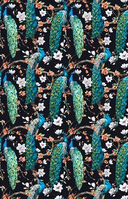Blackout roller blind peacock with flowers pattern