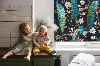 Blackout roller blind peacock with flowers pattern