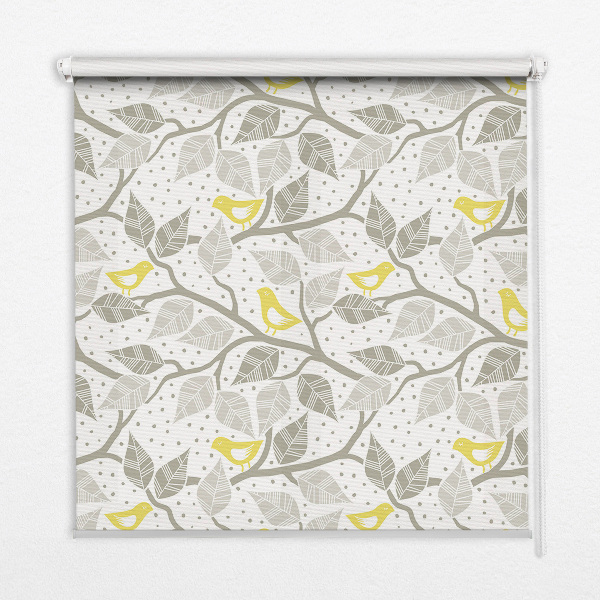 Fabric roller blind for window Yellow birds on gray branches