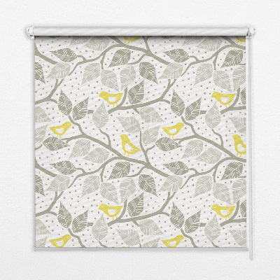 Fabric roller blind for window Yellow birds on gray branches