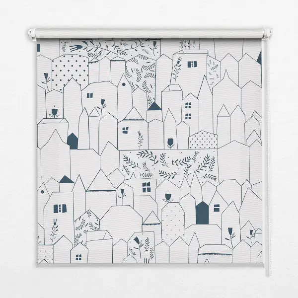 Blackout roller blind drawn houses pattern
